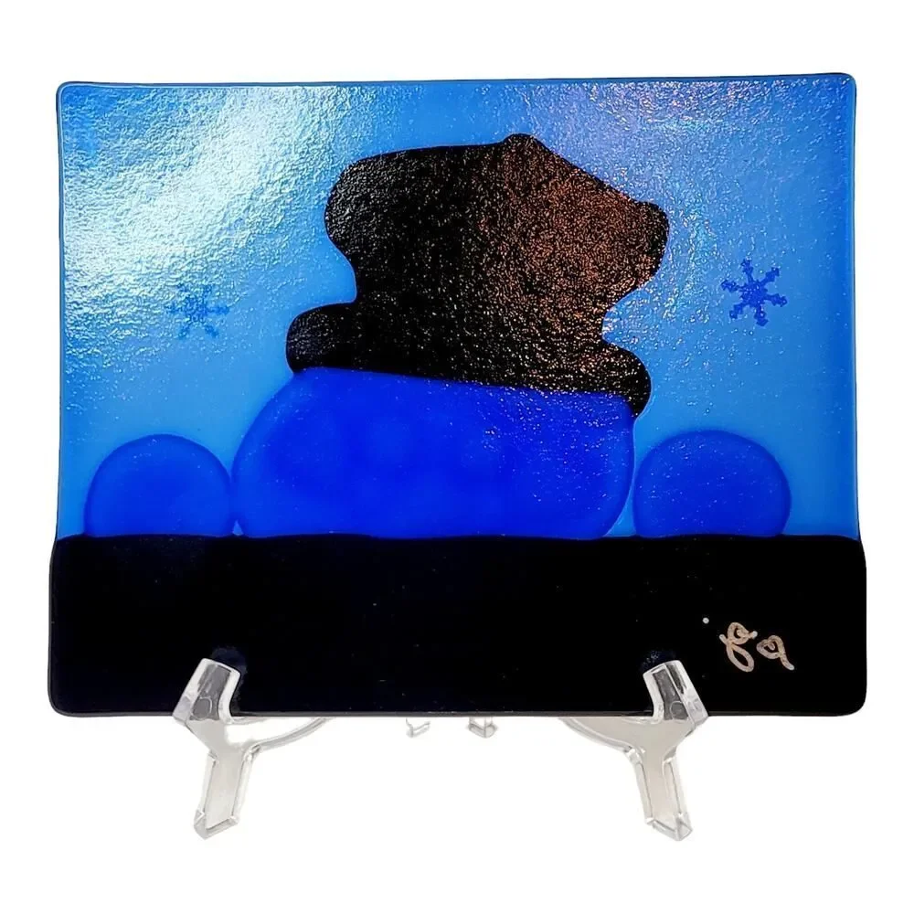 Handpainted Snowman Christmas Fused Art Glass Plate‎ Trivet Signed